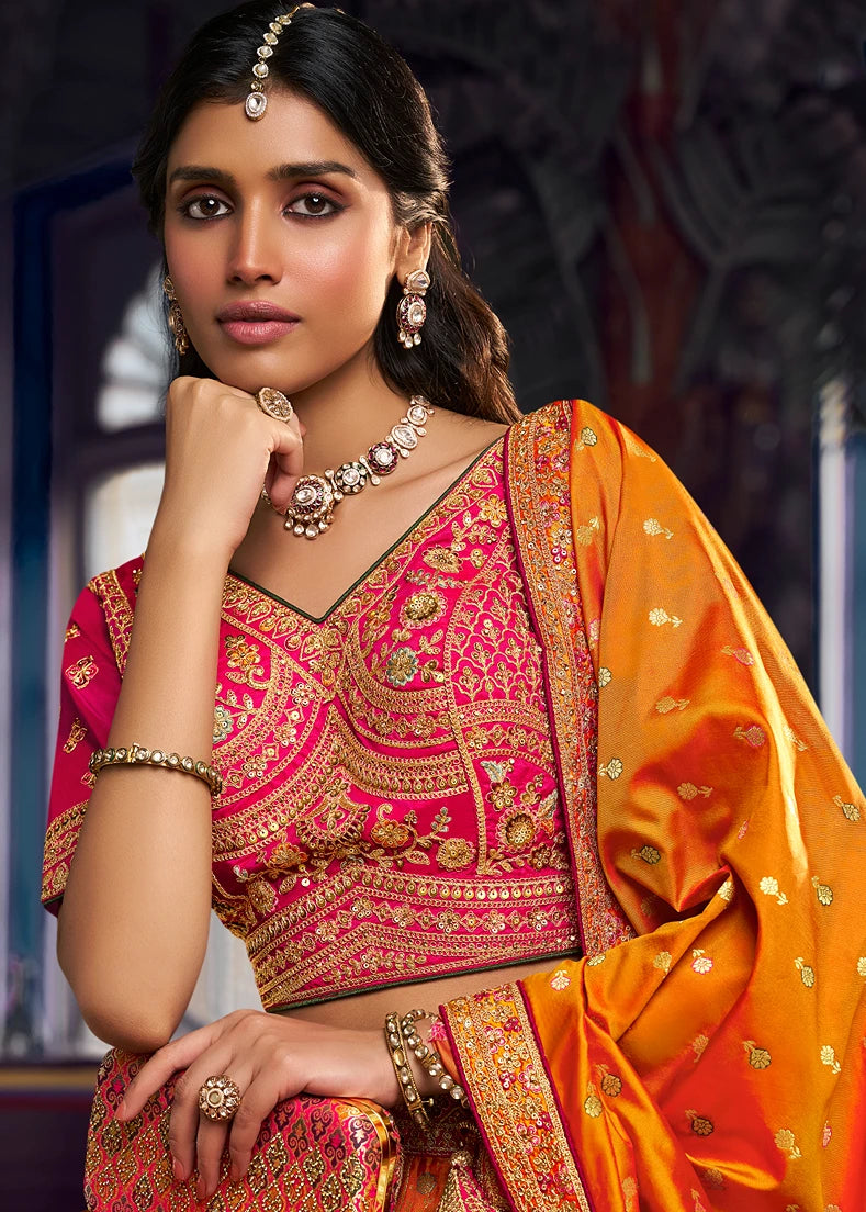 Mustard Yellow & Rani Pink Banarasi Silk Bridal Lehenga Choli With Clutch Purse