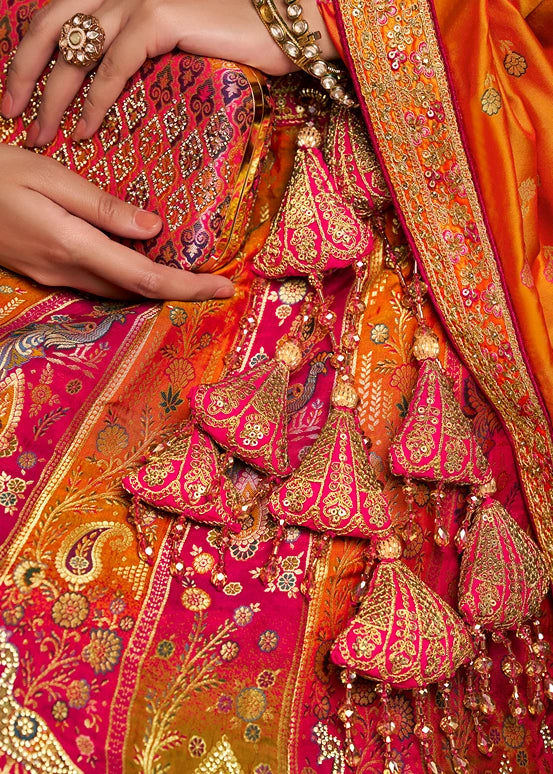 Mustard Yellow & Rani Pink Banarasi Silk Bridal Lehenga Choli With Clutch Purse