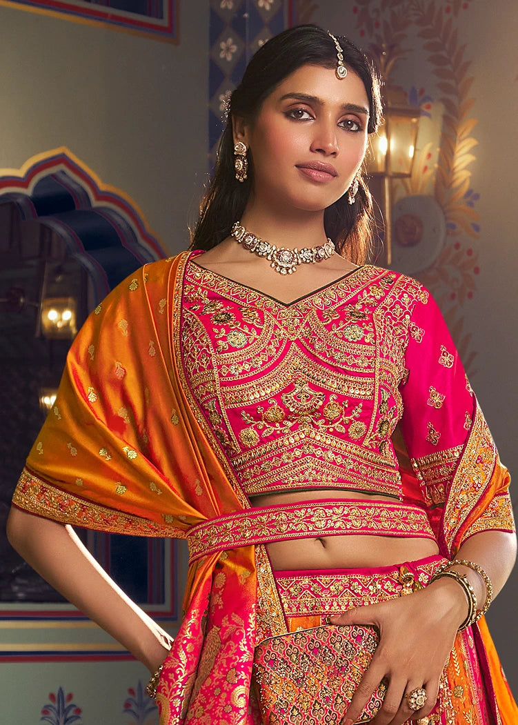 Mustard Yellow & Rani Pink Banarasi Silk Bridal Lehenga Choli With Clutch Purse