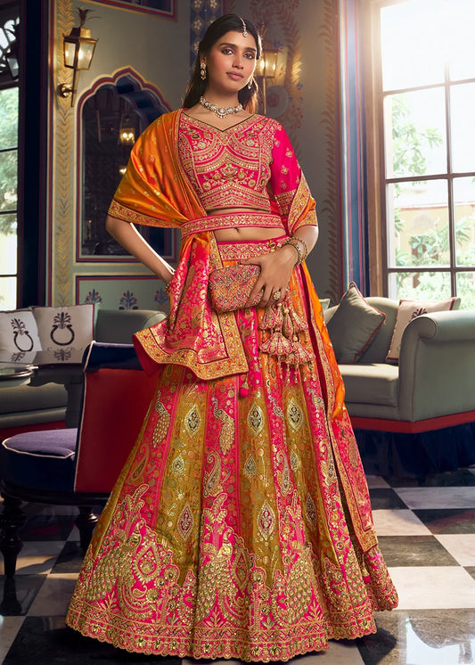 Mustard Yellow & Rani Pink Banarasi Silk Bridal Lehenga Choli With Clutch Purse