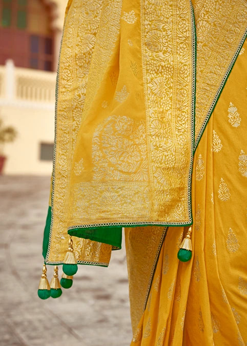 Dola Banarasi Silk Yellow Saree With Contrast Green Embroidered Blouse