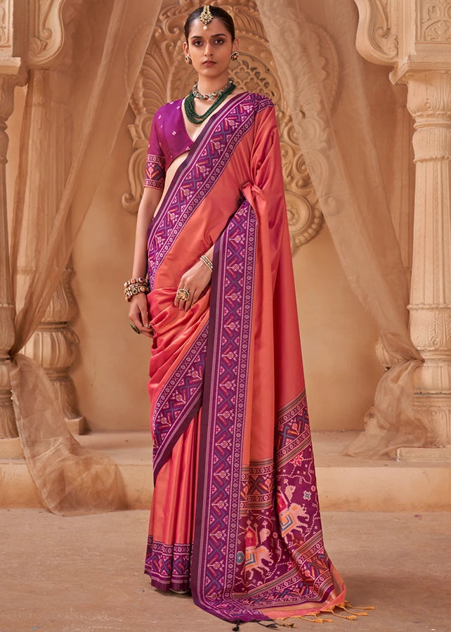 Coral Rust Orange Patola Silk Saree With Magenta Pink Blouse
