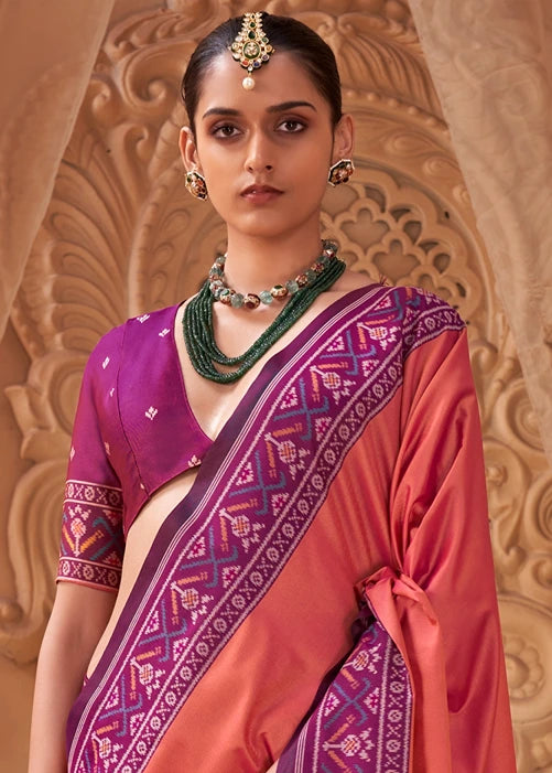 Coral Rust Orange Patola Silk Saree With Magenta Pink Blouse