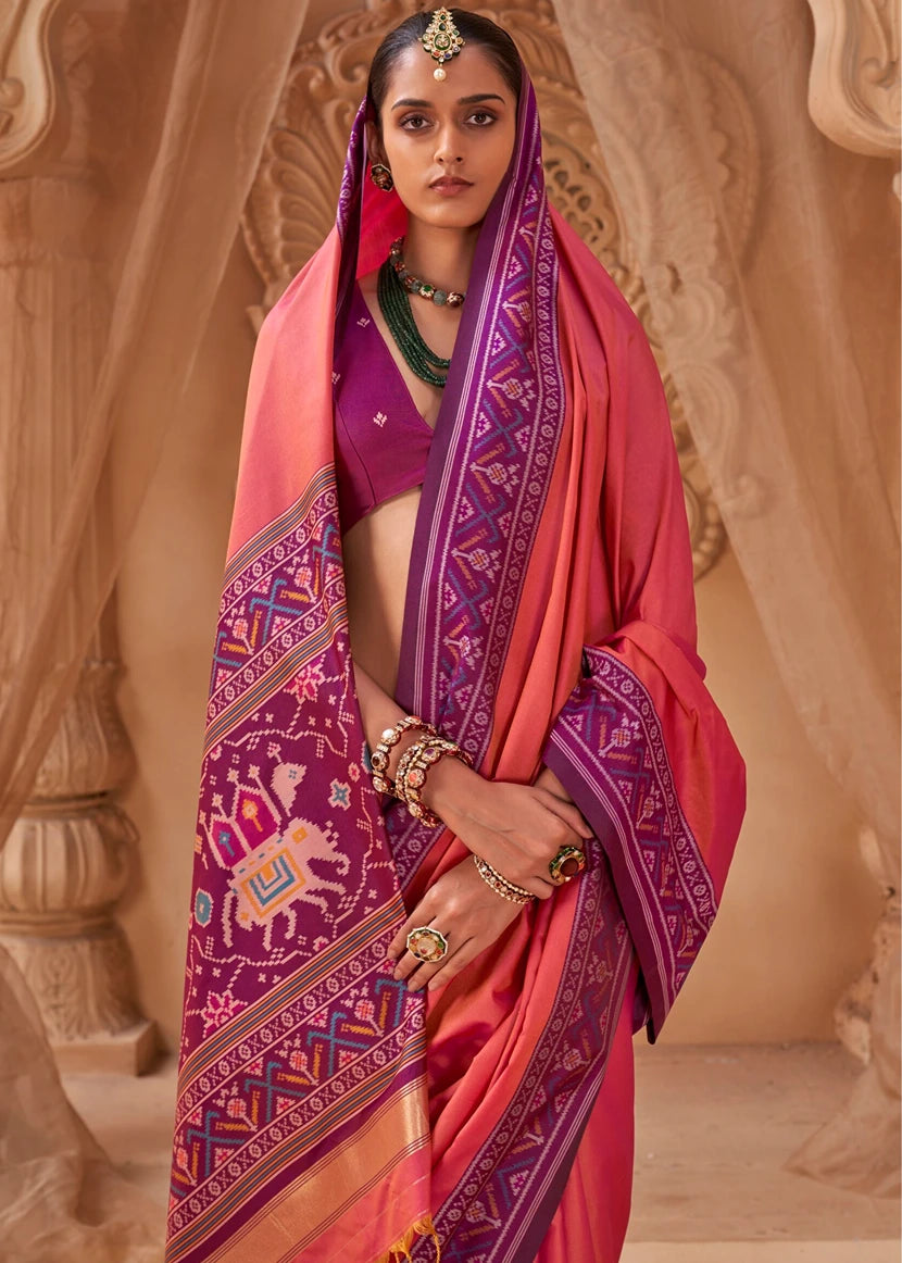 Coral Rust Orange Patola Silk Saree With Magenta Pink Blouse