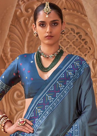 Steel Blue Patola Silk Saree With Dark Blue Blouse
