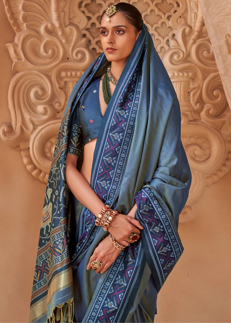 Steel Blue Patola Silk Saree With Dark Blue Blouse
