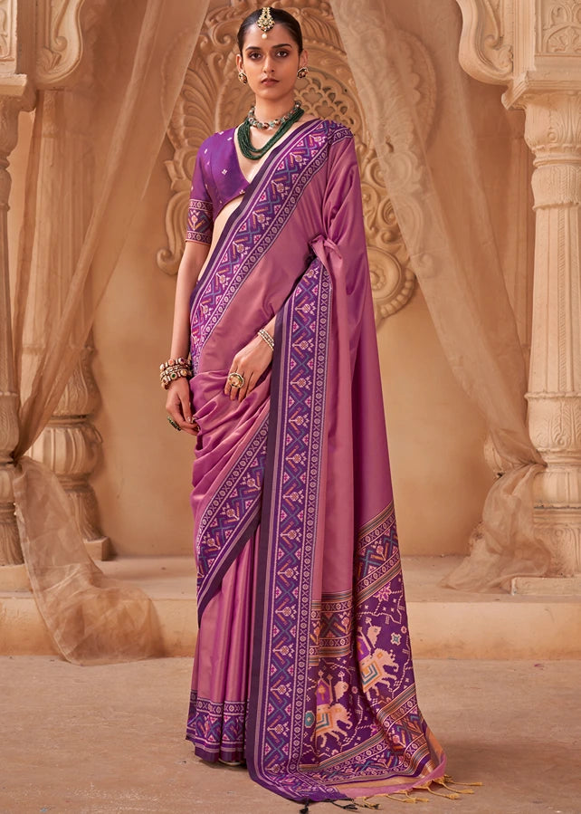 Light Pink Patola Silk Saree With Magenta Pink Blouse