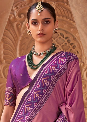 Light Pink Patola Silk Saree With Magenta Pink Blouse