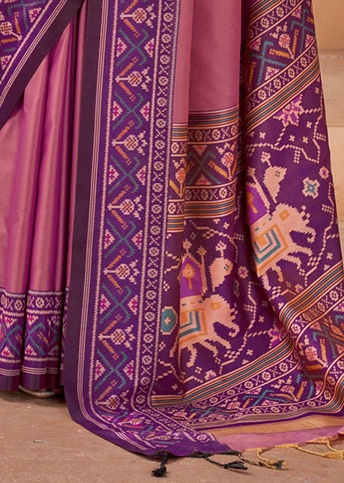 Light Pink Patola Silk Saree With Magenta Pink Blouse