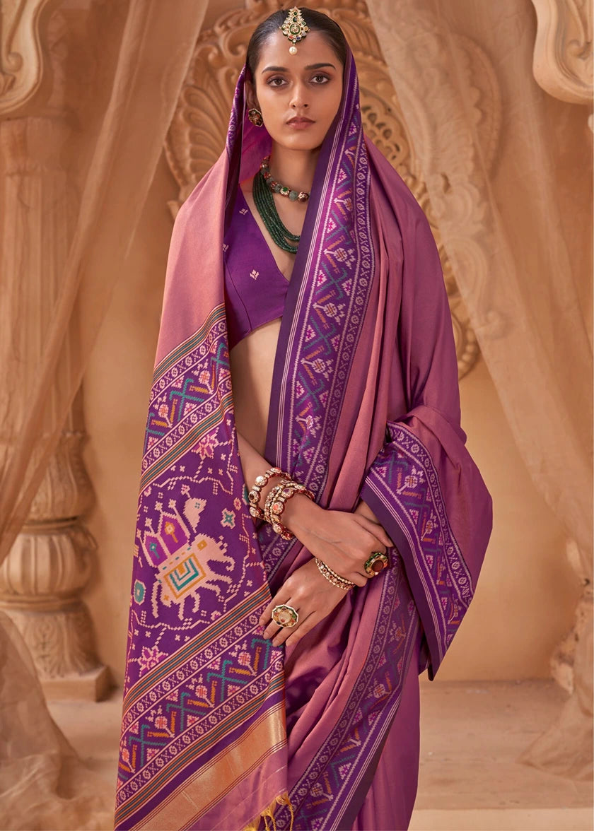 Light Pink Patola Silk Saree With Magenta Pink Blouse