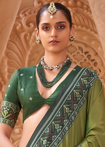 Mehendi Green Patola Silk Saree With Dark Green Blouse