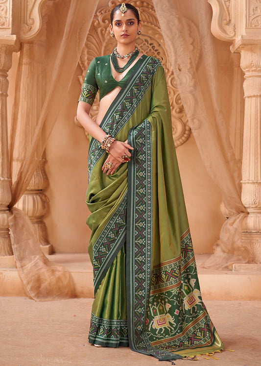 Mehendi Green Patola Silk Saree With Dark Green Blouse