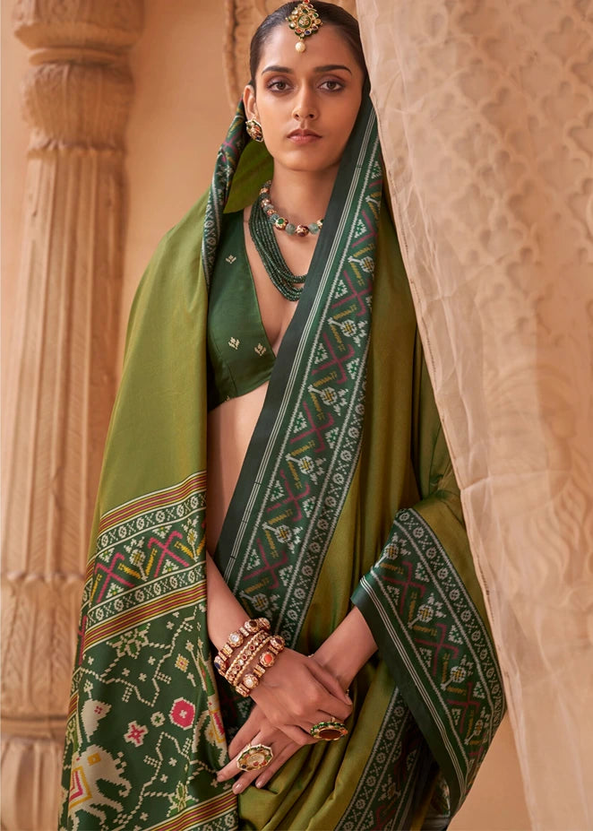 Mehendi Green Patola Silk Saree With Dark Green Blouse