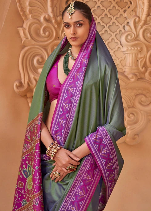 Charcoal Grey Patola Silk Saree With Magenta Pink Blouse