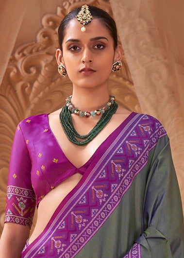 Charcoal Grey Patola Silk Saree With Magenta Pink Blouse