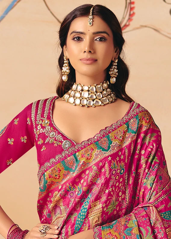 Party Wear Banarasi Silk Multicolor Rani Pink Bridal Zari Saree