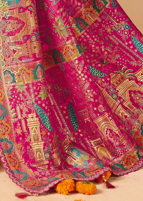 Party Wear Banarasi Silk Multicolor Rani Pink Bridal Zari Saree