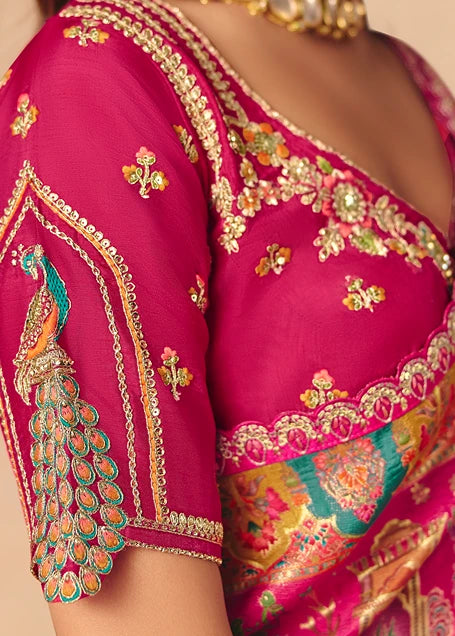 Party Wear Banarasi Silk Multicolor Rani Pink Bridal Zari Saree
