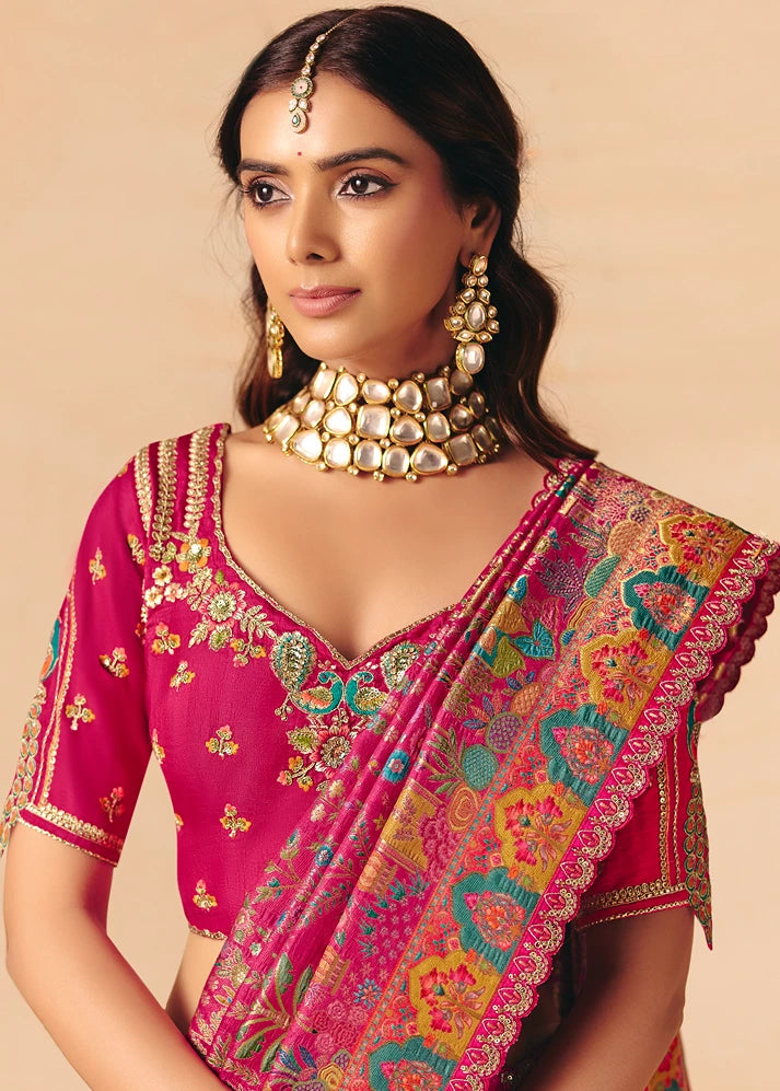 Party Wear Banarasi Silk Multicolor Rani Pink Bridal Zari Saree