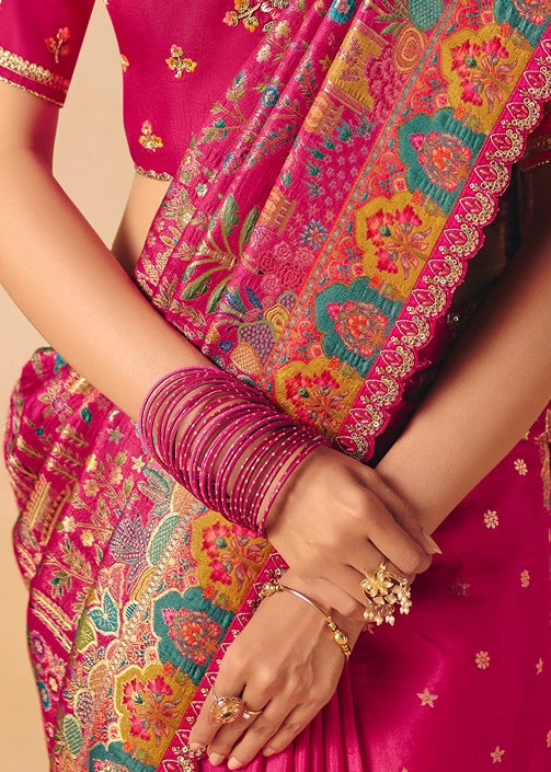 Party Wear Banarasi Silk Multicolor Rani Pink Bridal Zari Saree