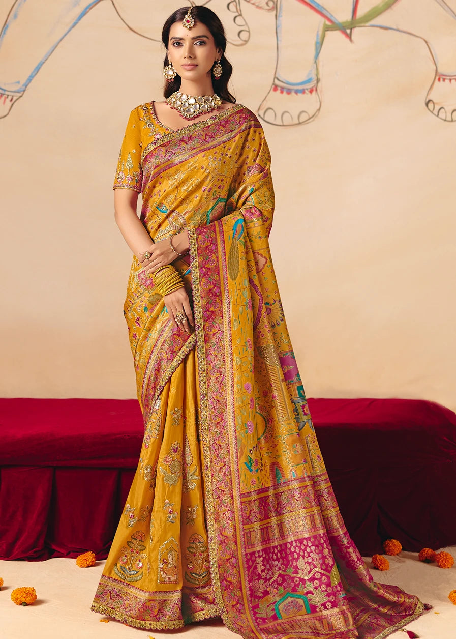 Banarasi Silk Mustard Yellow Meenakari Bridal Saree