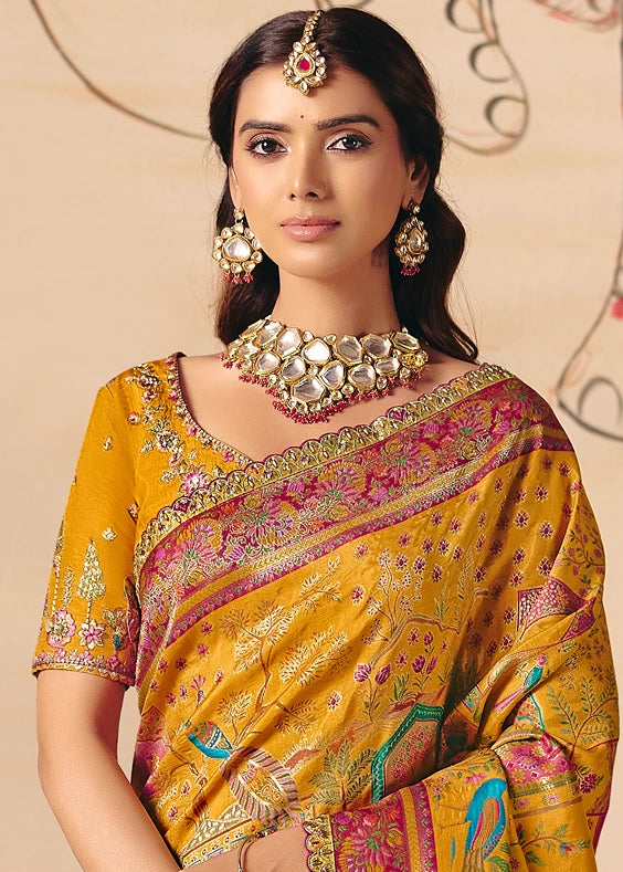 Banarasi Silk Mustard Yellow Meenakari Bridal Saree