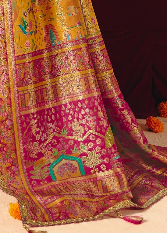 Banarasi Silk Mustard Yellow Meenakari Bridal Saree