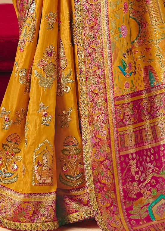 Banarasi Silk Mustard Yellow Meenakari Bridal Saree