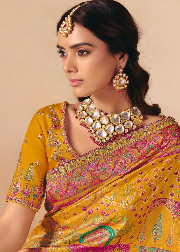 Banarasi Silk Mustard Yellow Meenakari Bridal Saree