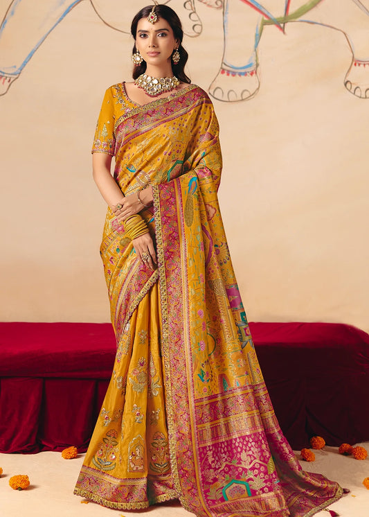 Banarasi Silk Mustard Yellow Meenakari Bridal Saree