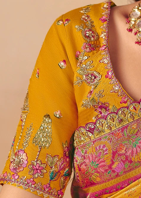 Banarasi Silk Mustard Yellow Meenakari Bridal Saree