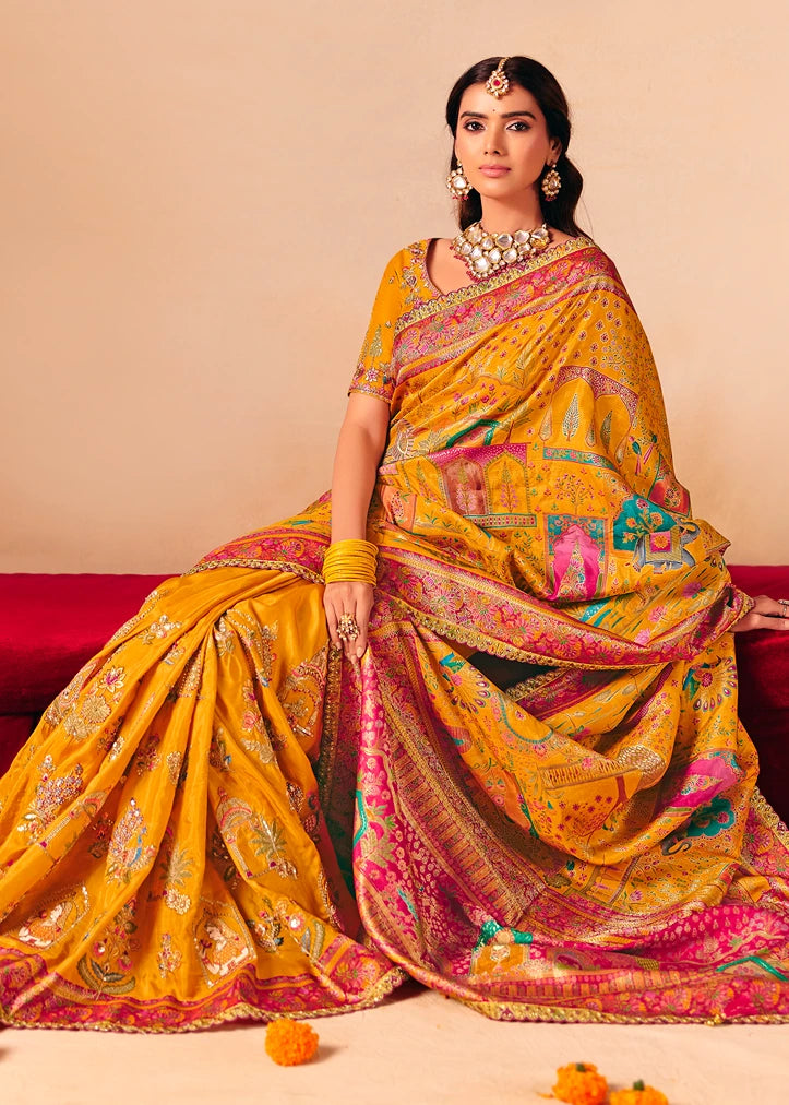 Banarasi Silk Mustard Yellow Meenakari Bridal Saree