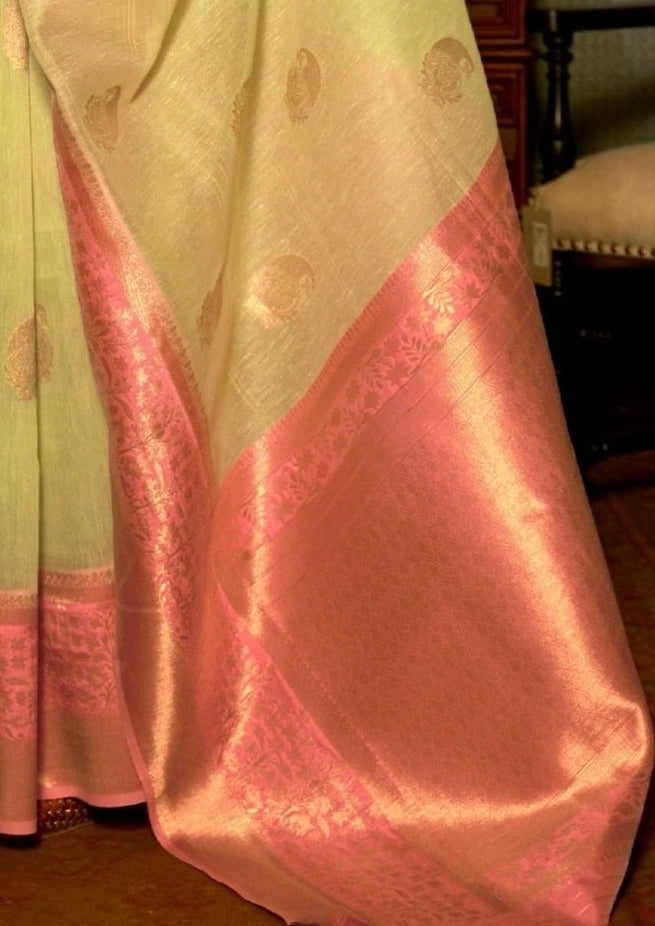 Pure Linen Yellow Handloom Zari Saree