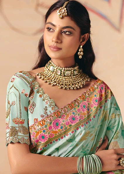 Banarasi Silk Pastel Blue Meenakari Bridal Saree