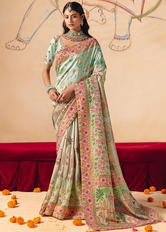 Banarasi Silk Pastel Blue Meenakari Bridal Saree