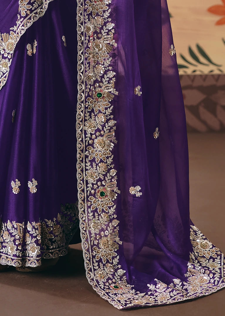 Crushed Organza Tissue Silk Violet Purple Embroidered Saree