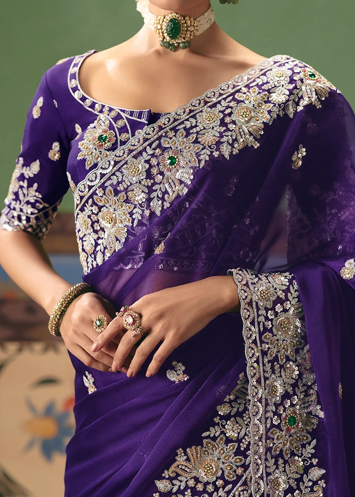 Crushed Organza Tissue Silk Violet Purple Embroidered Saree