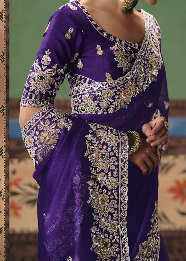 Crushed Organza Tissue Silk Violet Purple Embroidered Saree