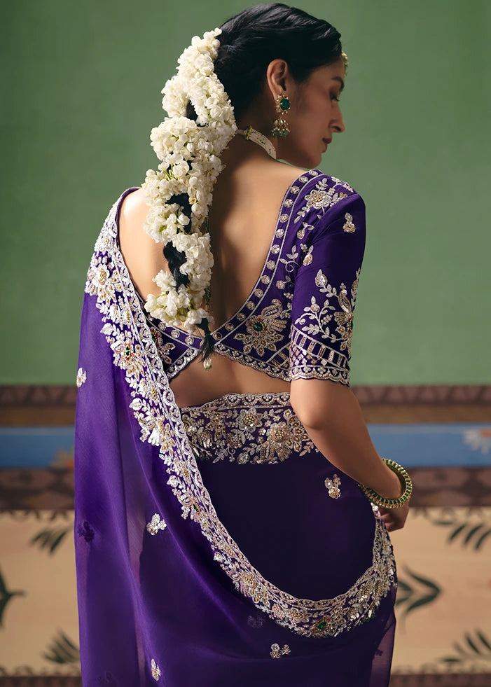 Crushed Organza Tissue Silk Violet Purple Embroidered Saree