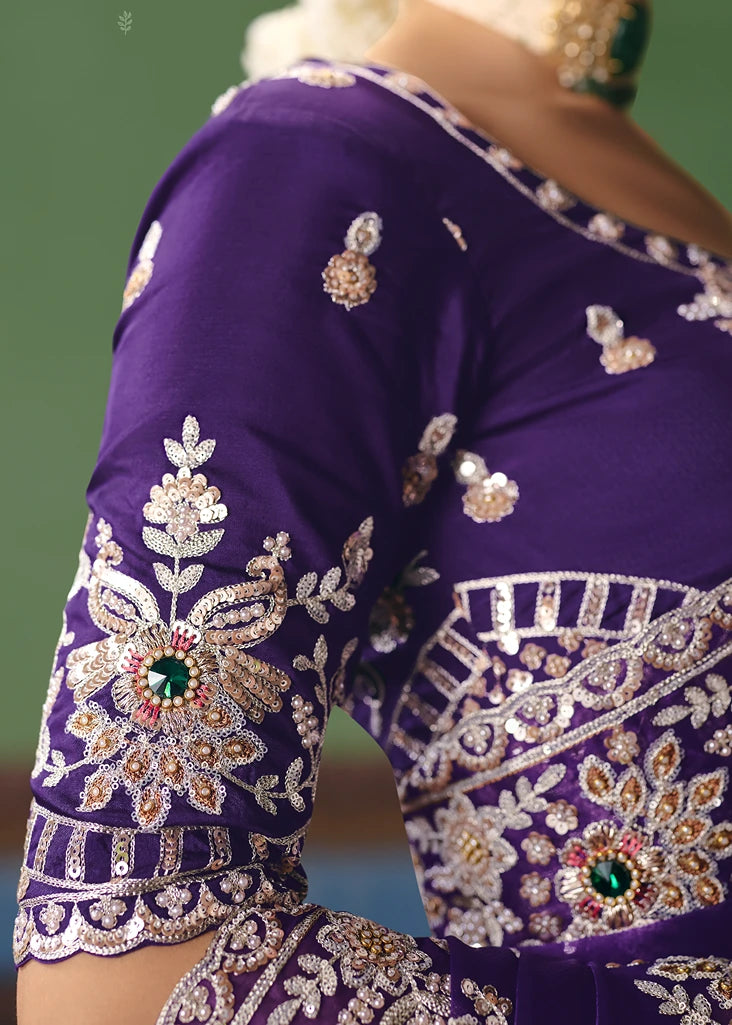 Crushed Organza Tissue Silk Violet Purple Embroidered Saree