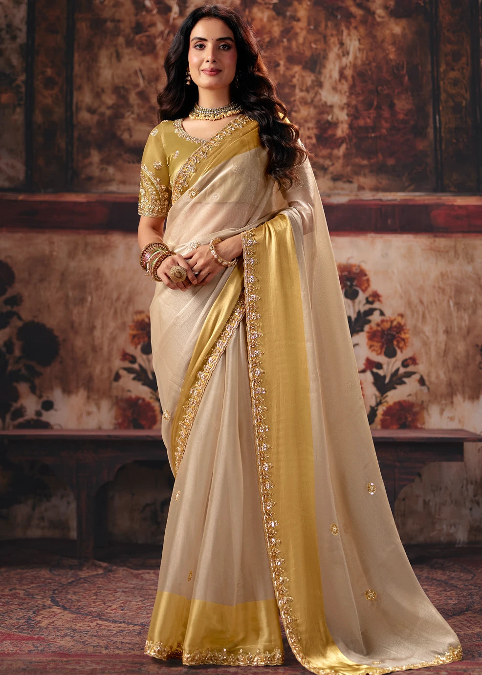 Cream & Golden Yellow Satin Silk Embroidered Saree