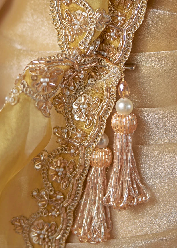 Cream & Golden Yellow Satin Silk Embroidered Saree