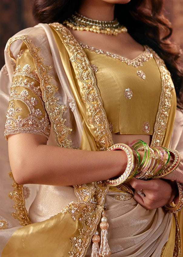 Cream & Golden Yellow Satin Silk Embroidered Saree
