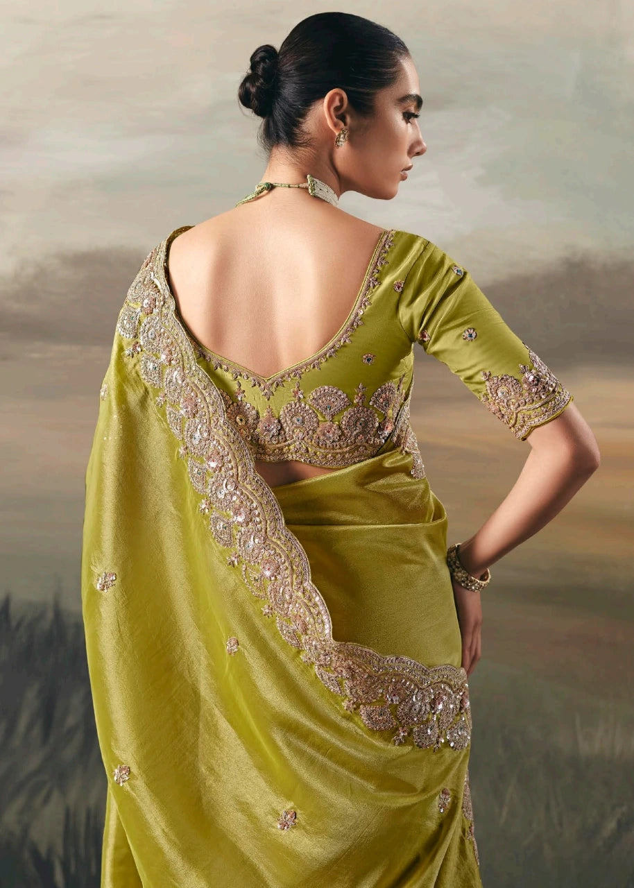 Parrot Green Tissue Silk Embroidered Bridal Saree