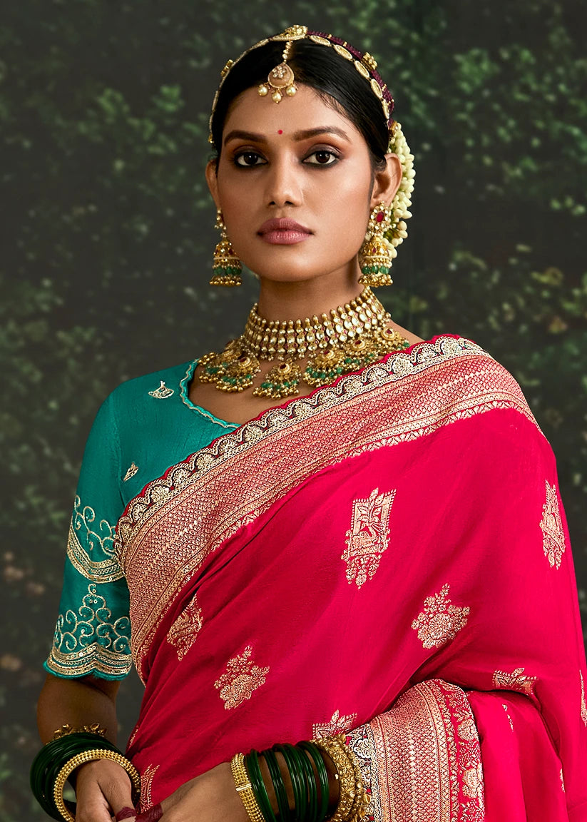 Pinkish Red Dola Banarasi Silk Saree & Green Embroidered Blouse