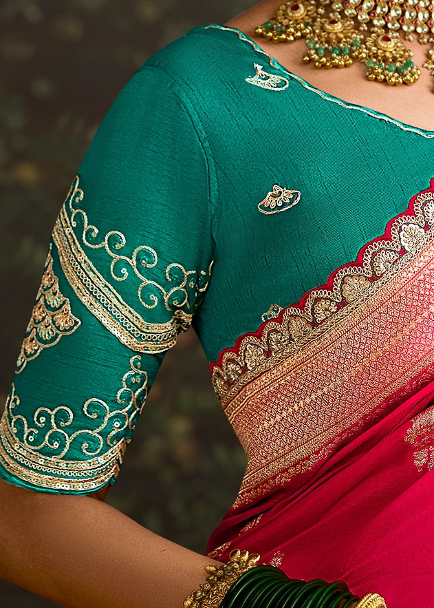 Pinkish Red Dola Banarasi Silk Saree & Green Embroidered Blouse