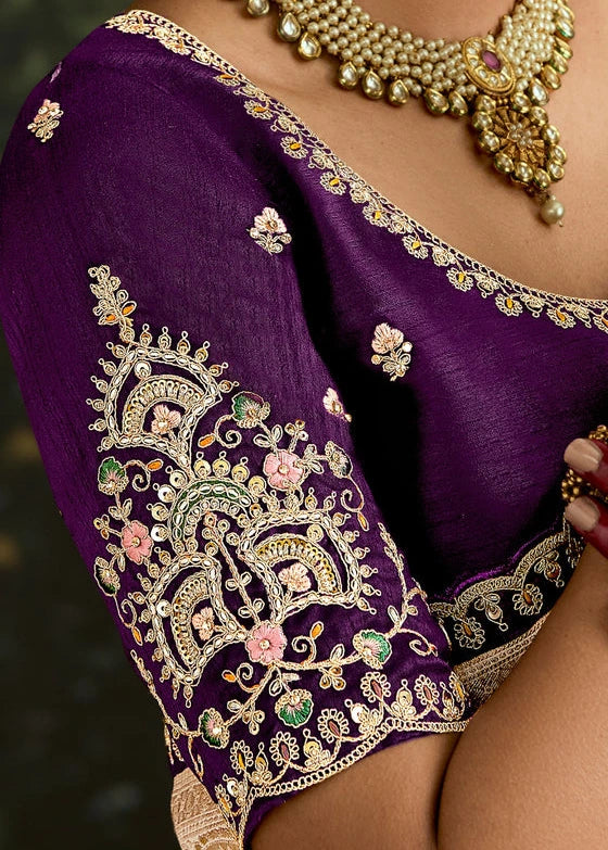 Off White Dola Banarasi Silk Saree & Beetroot Pink Embroidered Blouse