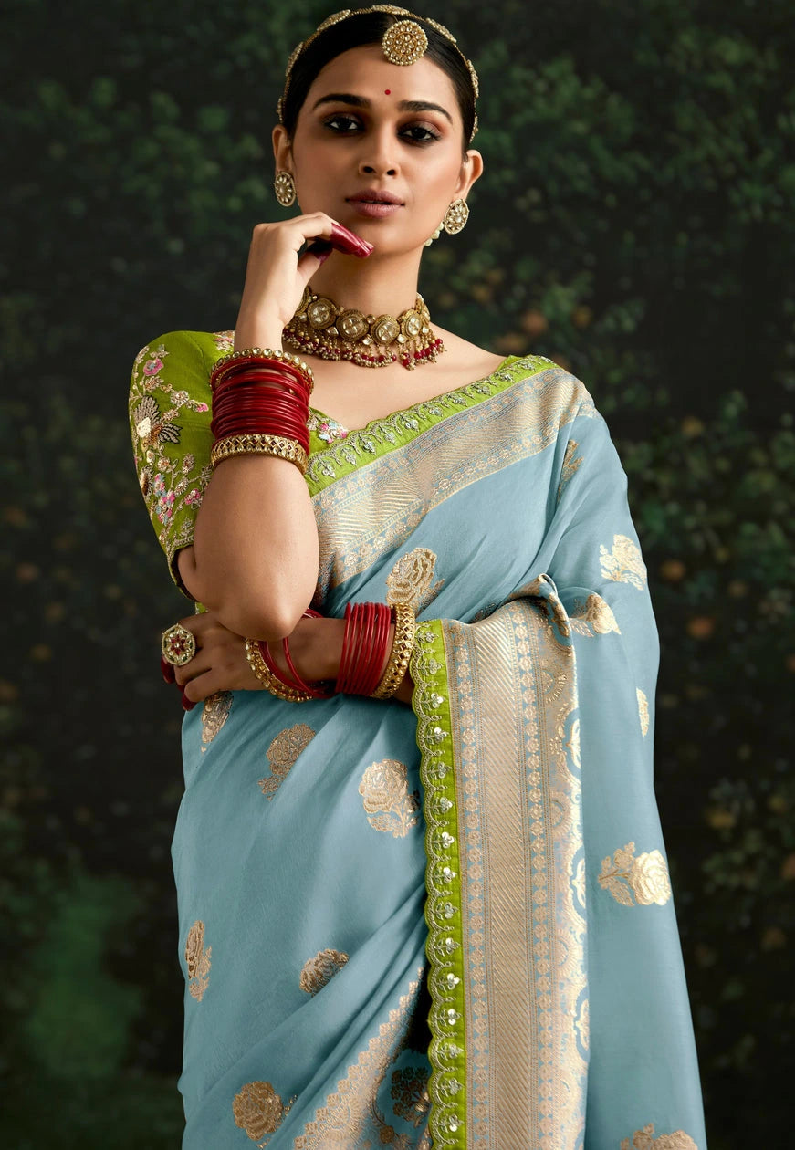 Pastel Blue Dola Banarasi Silk Saree & Lime Green Embroidered Blouse