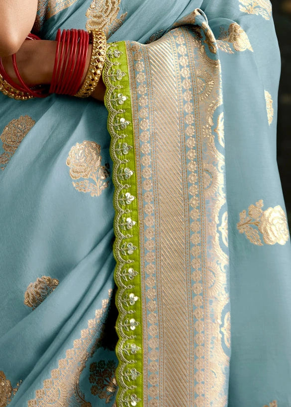 Pastel Blue Dola Banarasi Silk Saree & Lime Green Embroidered Blouse