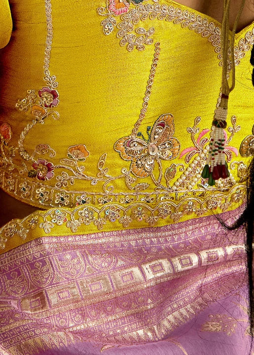 Lavender Purple Dola Banarasi Silk Saree & Yellow Embroidered Blouse